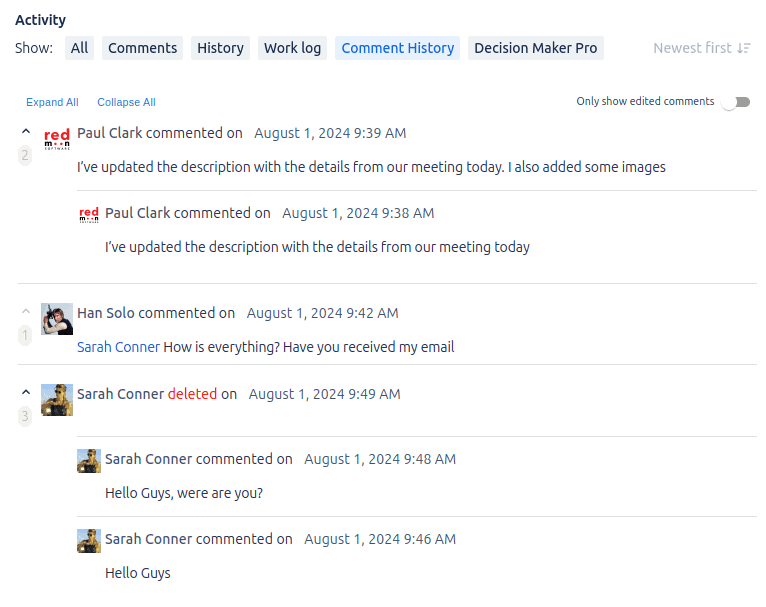 Comment History — full edit timeline